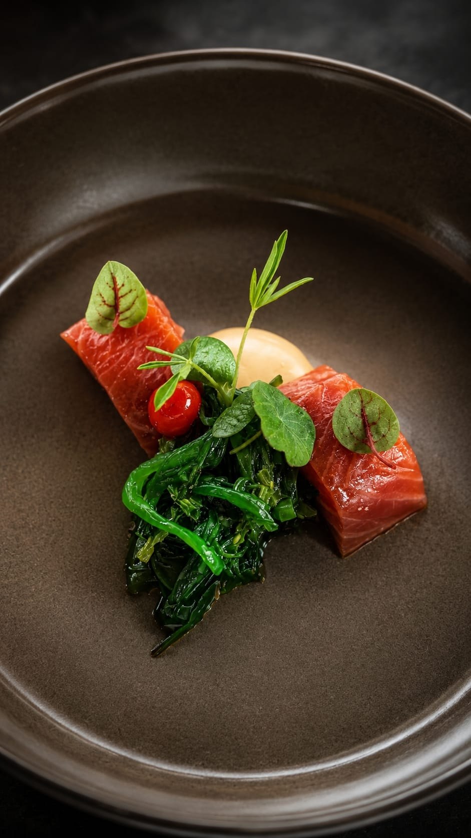 Sashimi van gemarineerde zalm met wakame en yuzu-soja mayonaise — chef's proeverij bij Restaurant Bij Blue Lekkerkerk